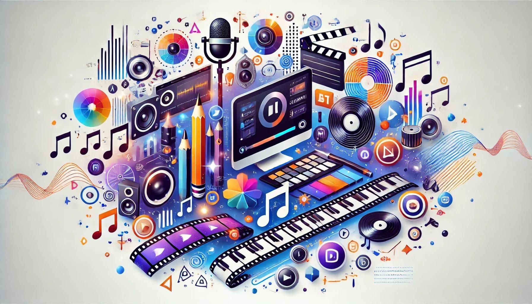 Colorful digital illustration of music production elements including keyboards, speakers, microphones, and musical notes.