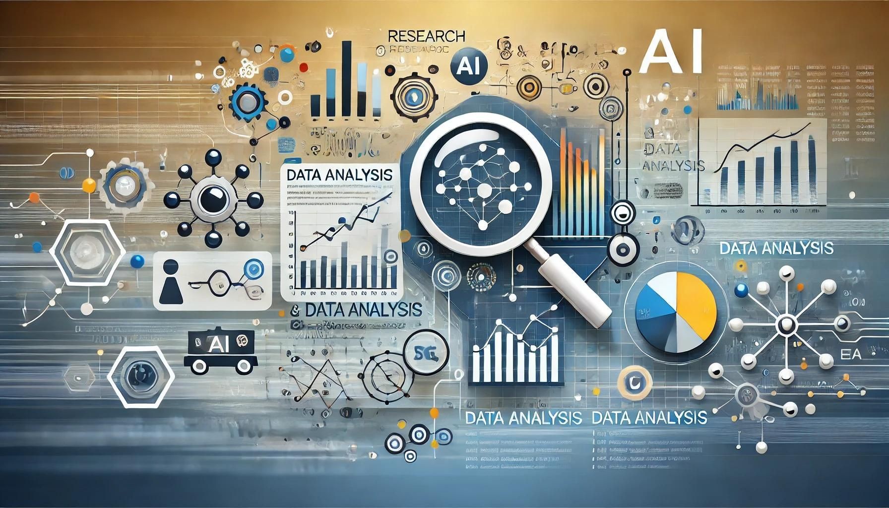 Digital illustration featuring data analysis charts, graphs, and AI symbols, emphasizing research and analytics.