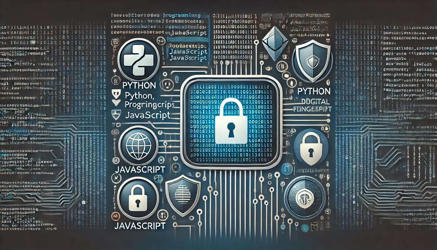 Abstract image showcasing cybersecurity with icons of programming languages Python and JavaScript, surrounded by binary code.